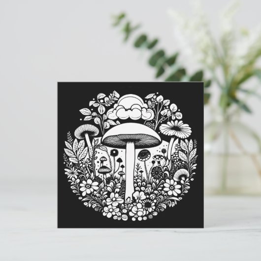 Schwarz-Weiß-Blume und Pilze Vintag (Stehend Vorderseite)