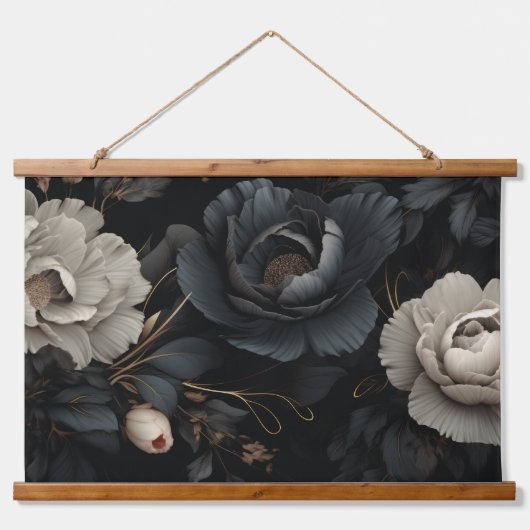 Schwarz-Weiß-Blume Wandteppich Mit Holzrahmen (Vorne)