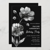 Schwarz-Weiß-Blume zum Geburtstag Einladung (Vorne/Hinten)
