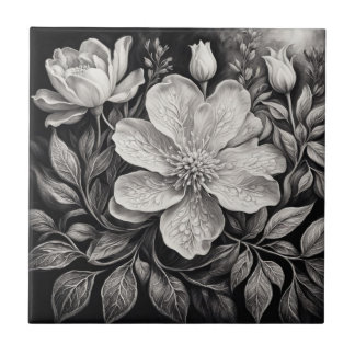 Schwarz-Weiß-Blumen Fliese
