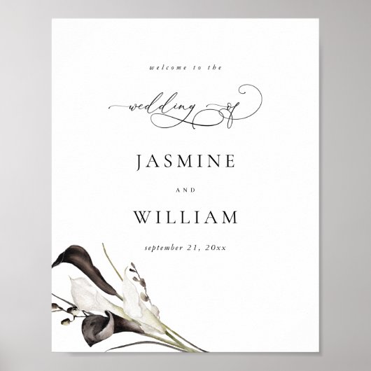 Schwarz-Weiß-Blumen-Hochzeit Begrüßungszeichen Poster (Vorne)
