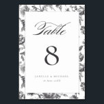 Schwarz-Weiß-Blumen-Hochzeit Tischnummer<br><div class="desc">Elegante antike Schwarz-Weiß-Blumen-Toile Personalisierte Hochzeitsfeier Tischnummer. Personalisieren Sie mit Namen und Hochzeitsdatum.</div>