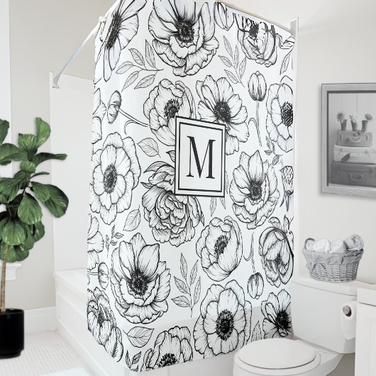 Schwarz Weiß Blumen Initiale Monogramm Duschvorhang