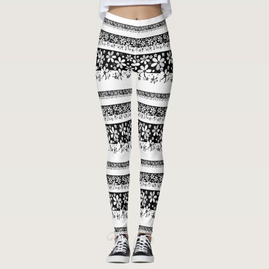 Schwarz-Weiß-Blumen Leggings (Vorderseite)