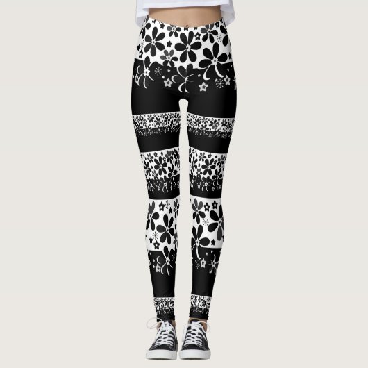 Schwarz-Weiß-Blumen Leggings (Vorderseite)