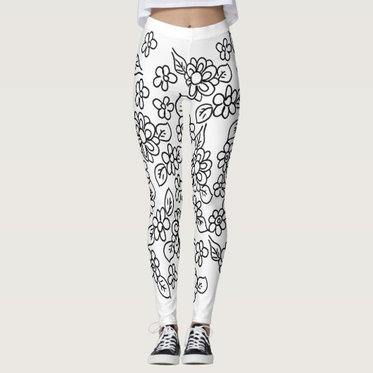 Schwarz-Weiß-Blumen Leggings (Vorderseite)