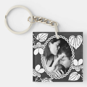 Schwarz-Weiß-Blumen-Oval-Personalisiertes Foto Schlüsselanhänger