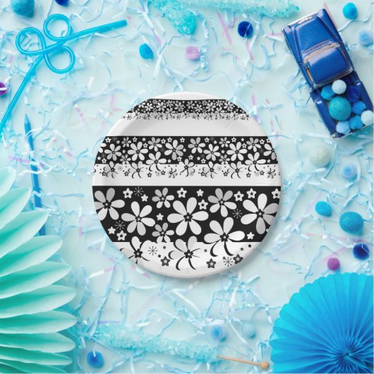 Schwarz-Weiß-Blumen Pappteller (Party)