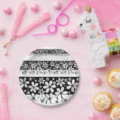 Schwarz-Weiß-Blumen Pappteller (Party)