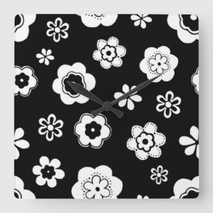 Schwarz-Weiß-Blumen Quadratische Wanduhr