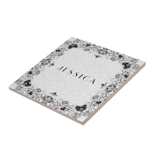 Schwarz-Weiß-Blumen-Rahmen Fliese (Seite)