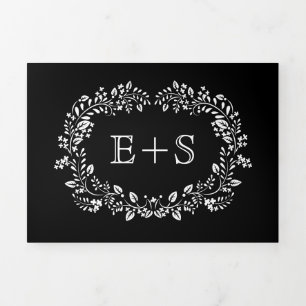 Schwarz-Weiß Blumen Rahmen mit Initialen Hochzeit Dreifach Gefaltete Einladung