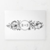 Schwarz-Weiß Blumen Rahmen mit Initialen Hochzeit Dreifach Gefaltete Einladung (Cover)