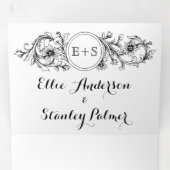 Schwarz-Weiß Blumen Rahmen mit Initialen Hochzeit Dreifach Gefaltete Einladung (Innen Erste Seite)