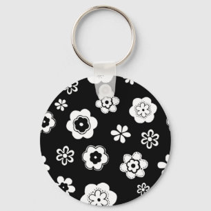 Schwarz-Weiß-Blumen Schlüsselanhänger