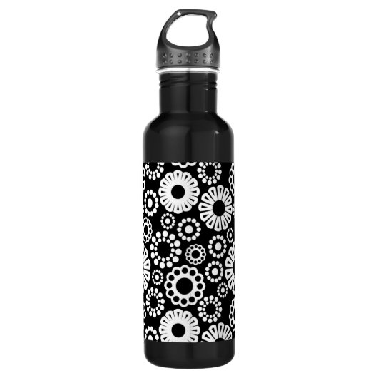 Schwarz-Weiß-Blumen Trinkflasche (Vorderseite)