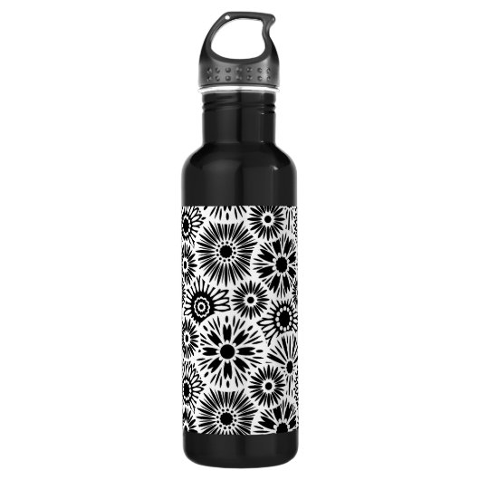 Schwarz-Weiß-Blumen Trinkflasche (Vorderseite)
