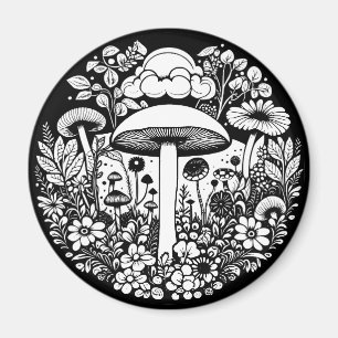 Schwarz-Weiß-Blumen und Pilze Vintage Magnet