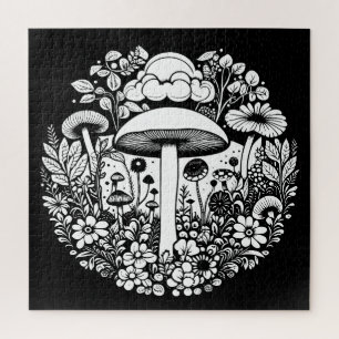 Schwarz-Weiß-Blumen und Pilze Vintage Puzzle