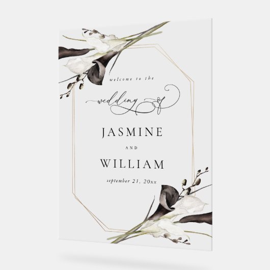 Schwarz-Weiß-Blumen Willkommen 2 Acrylschild (Winkel)