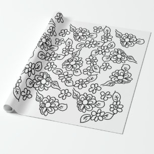 Schwarz-Weiß-Blumen-zeichn Geschenkpapier