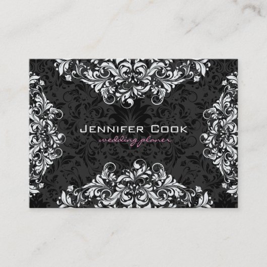 Schwarz-Weiß-BlumenDamaskus 3 Hochzeitsplaner Visitenkarte (Vorderseite)