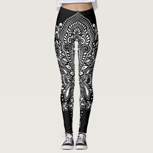 Schwarz-Weiß-Blumendekoration Leggings (Vorderseite)