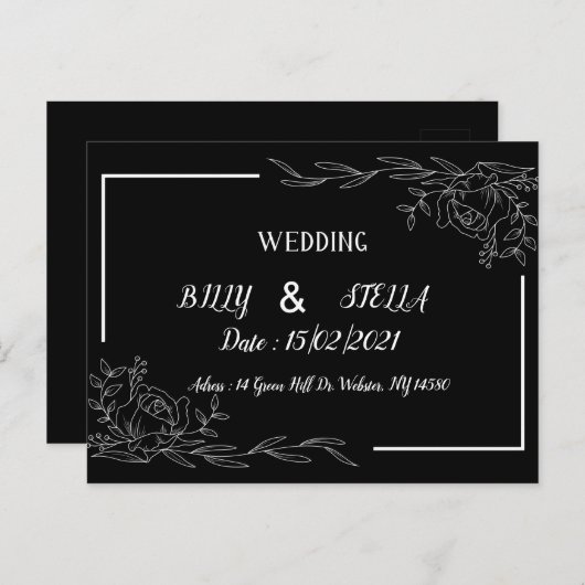 Schwarz-Weiß-Blumendesign für Hochzeiten Ankündigungspostkarte (Vorne/Hinten)
