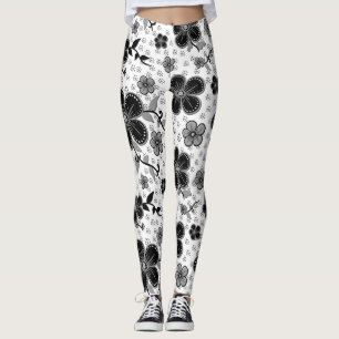 Schwarz-Weiß-Blumendruck Leggings