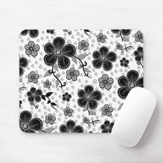 Schwarz-Weiß-Blumendruck Mousepad (Mit Mouse)
