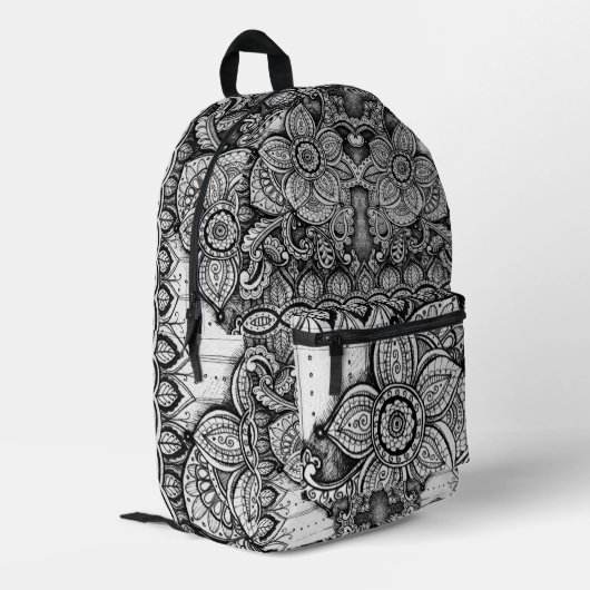 Schwarz-Weiß-Blumengarten Boho Chic Paisley Bedruckter Rucksack (Rückseitige Ecke links)