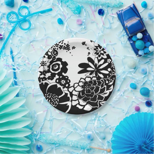 Schwarz-Weiß-Blumengarten Grafisches Muster Pappteller (Party)