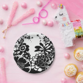 Schwarz-Weiß-Blumengarten Grafisches Muster Pappteller (Party)