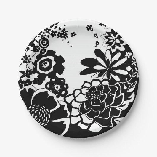 Schwarz-Weiß-Blumengarten Grafisches Muster Pappteller (Vorderseite)