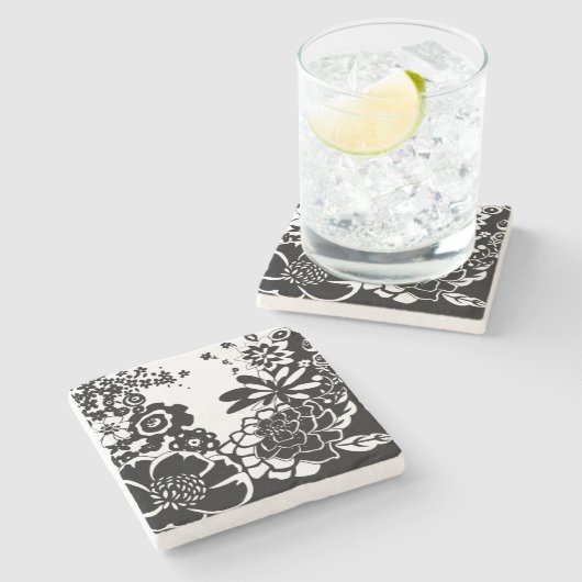 Schwarz-Weiß-Blumengarten Grafisches Muster Steinuntersetzer (Seitenansicht)