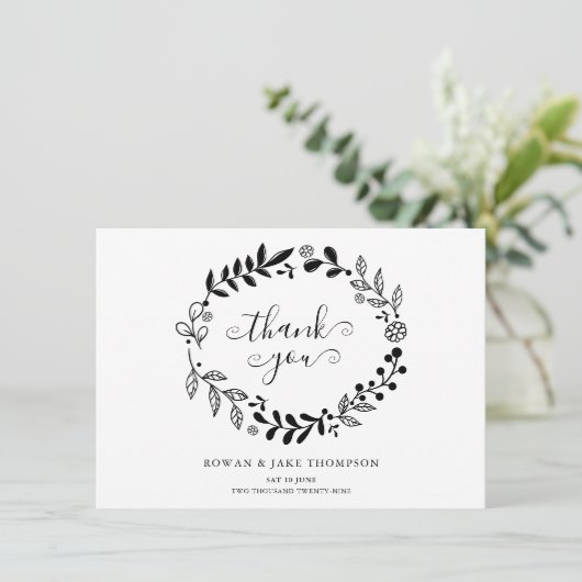 Schwarz-Weiß-Blumengarten Hochzeit Danke (Stehend Vorderseite)