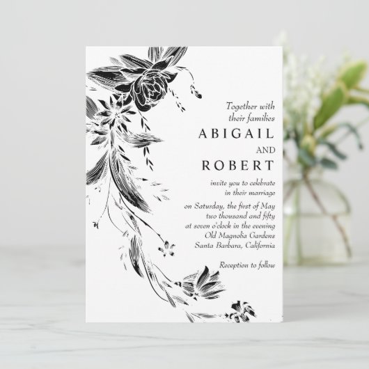 Schwarz-Weiß-Blumengarten QR-Code Hochzeit Einladung (Stehend Vorderseite)