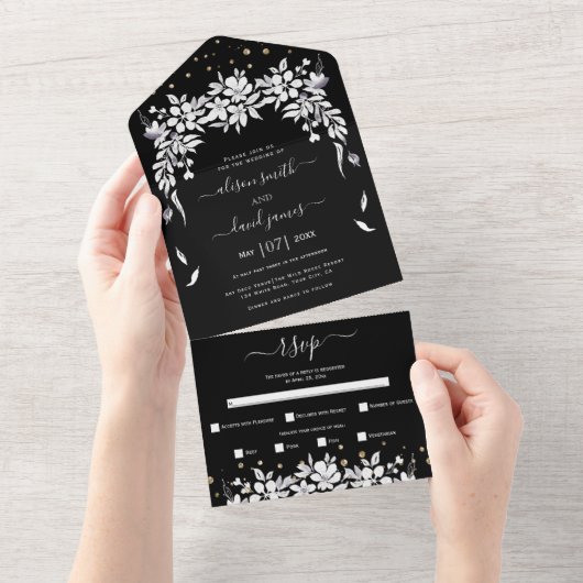 Schwarz-Weiß-Blumengartenhochzeit All In One Einladung (Abreißen)