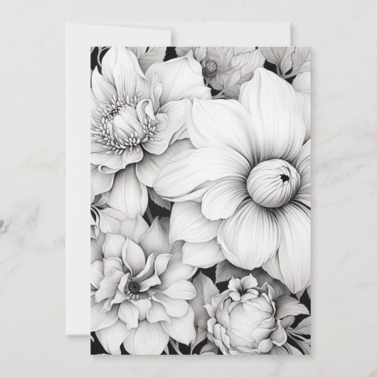 Schwarz-Weiß-Blumenhochzeit Einladung (Rückseite)