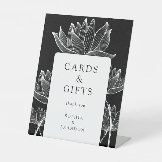 Schwarz-Weiß-Blumenkarten und Geschenke Sockelschild (Vorderseite)