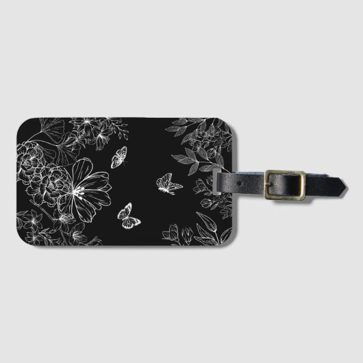 Schwarz-Weiß-Blumenmuster Minimalistisch Gepäckanhänger (Vorderseite (Horizontal))