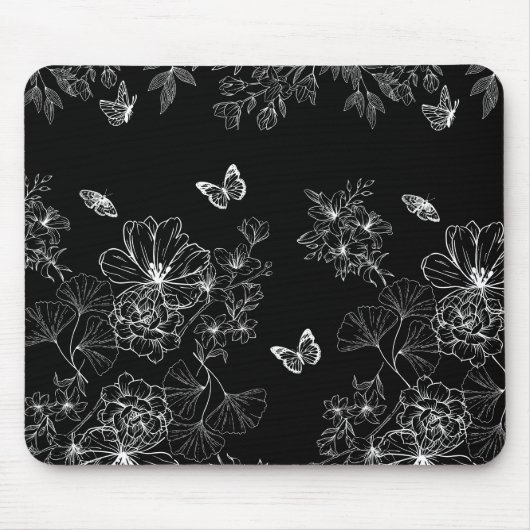 Schwarz-Weiß-Blumenmuster Minimalistisch Mousepad (Vorne)