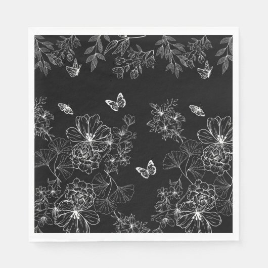 Schwarz-Weiß-Blumenmuster Minimalistisch Serviette (Vorderseite)