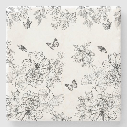 Schwarz-Weiß-Blumenmuster Minimalistisch Steinuntersetzer (Vorderseite)
