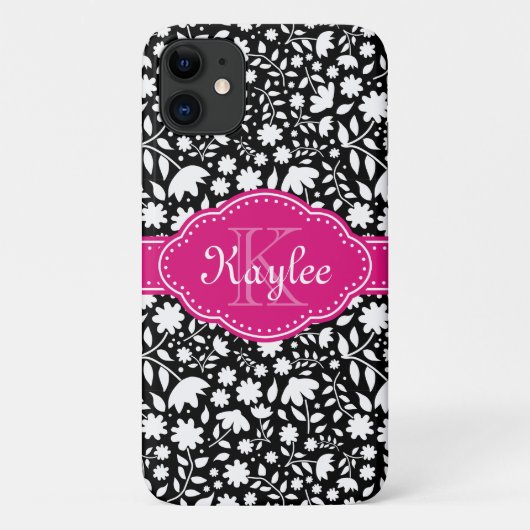 Schwarz-Weiß-Blumenmuster Pink-Monogramm Case-Mate iPhone Hülle (Rückseite)