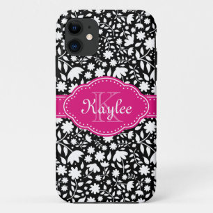 Schwarz-Weiß-Blumenmuster Pink-Monogramm Case-Mate iPhone Hülle