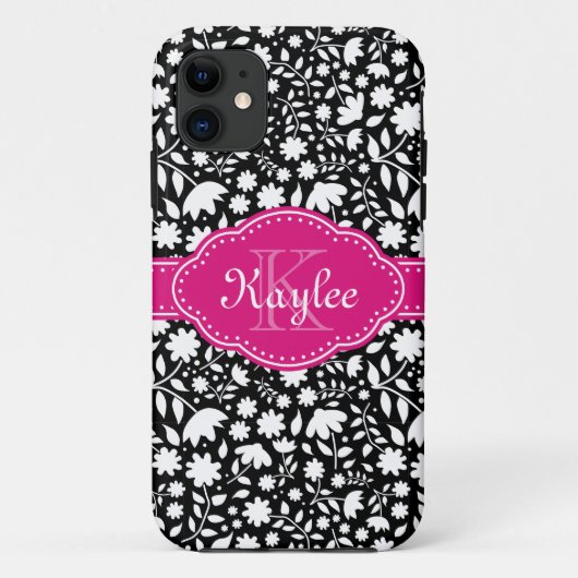 Schwarz-Weiß-Blumenmuster Pink-Monogramm Case-Mate iPhone Hülle (Rückseite)