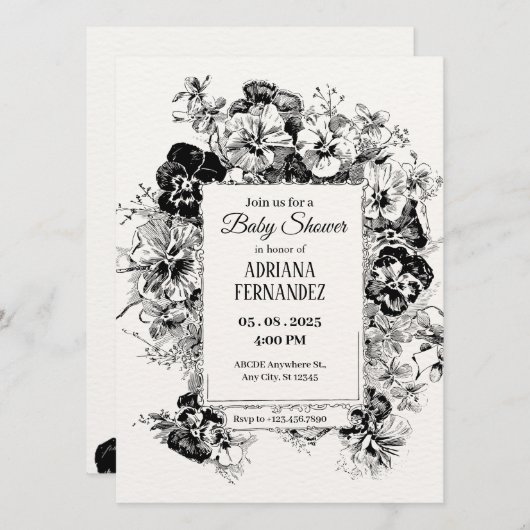 Schwarz-Weiß-Blumenschaum Kinderdusche Einladung (Vorne/Hinten)