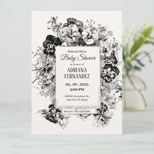 Schwarz-Weiß-Blumenschaum Kinderdusche Einladung (Stehend Vorderseite)