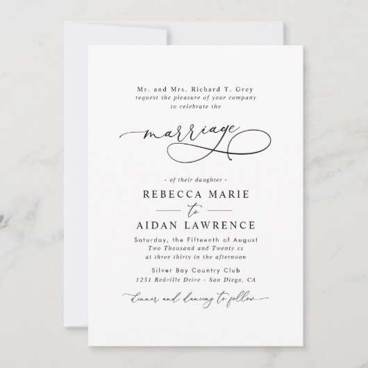 Schwarz-weiß Blush Elegantes Script Moderne Ehe Einladung (Vorderseite)